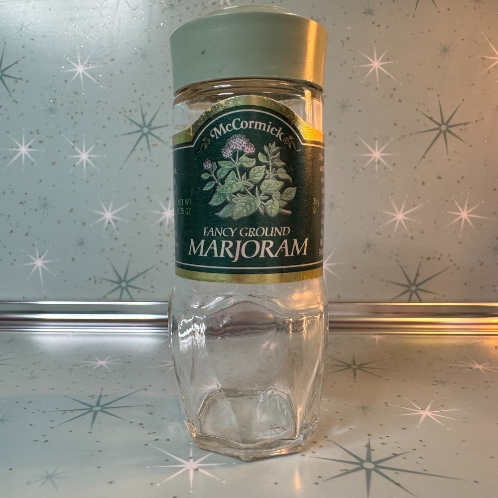 Vintage McCormick Marjoram‎ Jar Green Label Lid Glass Spice Bottle Retro Kitchen